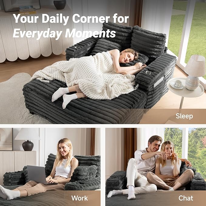 Chaise Lounge Chair Indoor, 64" Oversized Sleeper Chair with Wood Frame, Upholstered Sofa Bed for Living Room, Movie Room, Bedroom with 4 Storage Pockets&2 Cup Holders(Plush Corduroy, Grey)