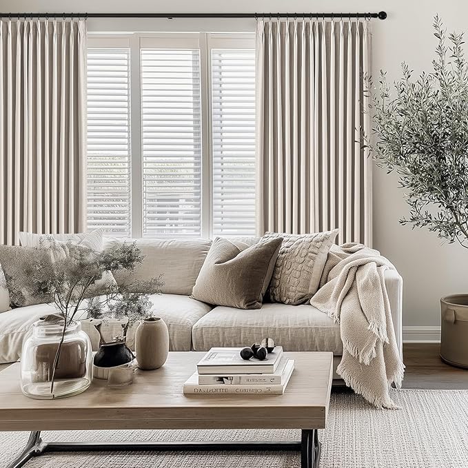 Topfinel 102 Inches Long Custom Blackout Linen Curtains, Pinch Pleated Noise Cancelling Curtains with Pin Hooks for Traverse Rods, Burlap Viral Drapes 2 Panels for Living Room Master Bedroom Oatmeal