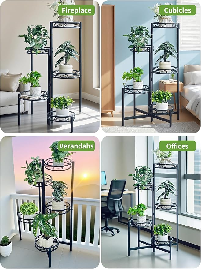 Metal Plant Stand Indoor Outdoor, 5 Tier 5 Potted Multiple Plant Shelf Stands, Wrought Iron Flower Holder Shelf, Folding Tall Rack Shelf for Patio, Balcony, Corner Living Room - BlackCircle