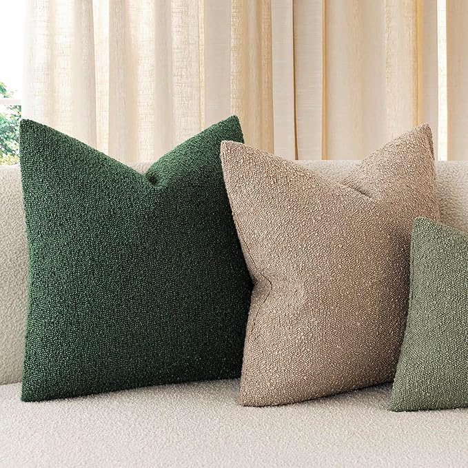 Foindtower Set of 2, Decorative Textured Boucle Throw Pillow Covers Accent Solid Pillow Cases Neutral Cozy Couch Cushion Case for Chair Sofa Bedroom Living Room Home Decor 24x24 Inch Pine Green