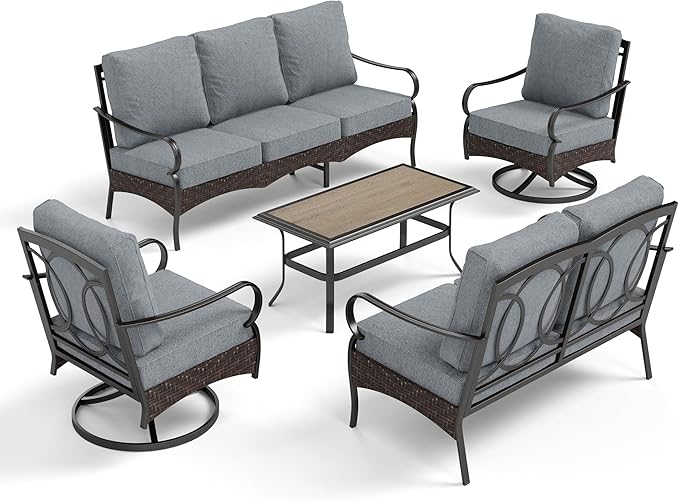 PHI VILLA Outdoor Modern Patio Furniture Set, Upgraded Wicker&Metal Patio Furniture Conversation Set with Waterproof Thick Cushions for Porch, Poolside, Deck, and Yard (5 Pieces,Grey)