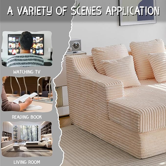 Chaise Lounge Sofa Chair Indoor Cozy Sofa Bed Oversized with Four Pillow Fluffy Upholstered Sleeper Sofa Chair for Living Room Bedroom Office Liesure No Assembly Required(Beige)
