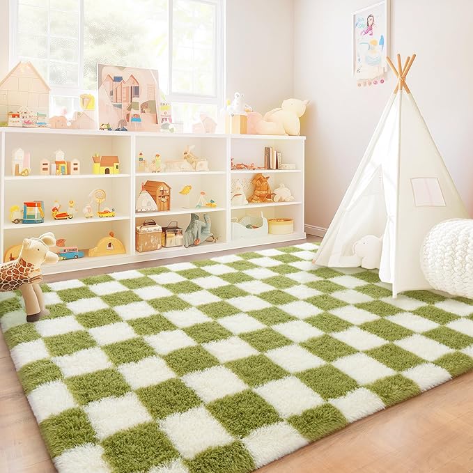Checkered Rug for Living Room 6x9, Ultra Fluffy Fuzzy Shag Large Area Rug for Bedroom, Modern Plush Soft Upgrade Non-Slip Carpet for Kids Girls and Boys Room Dorm Home Decor, Cream and Green