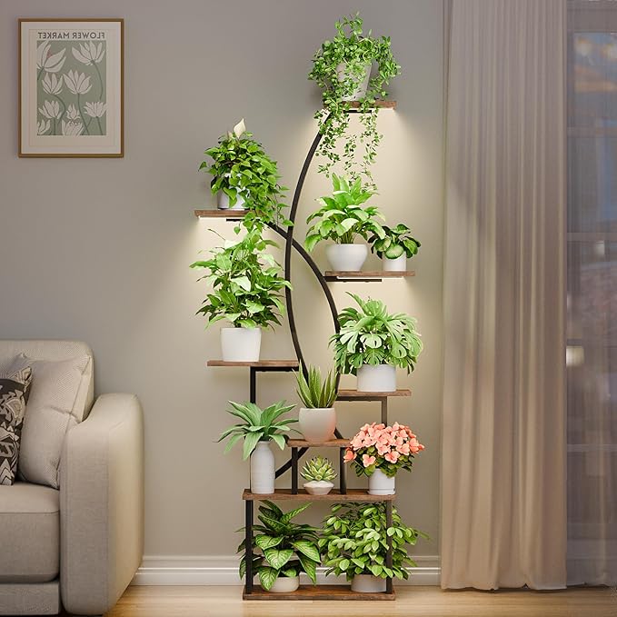 JUSTOGO Plant Stand Indoor with Grow Light, 8 Tiered Tall Plant Shelf for Indoor Plants Multiple, 65" Large Corner Plant Stands, Metal Curved Flower Holder Display Rack for Living Room, Patio, Balcony