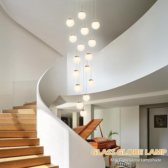 KoKo&Yukina 16-Light Gold Mid Century Modern Chandelier for Living Room Staircase Chandelier for Entryway Globe Milky White Glass Pendant Light High Ceiling Chandeliers Foyer (Bulb & Remote Incl.)