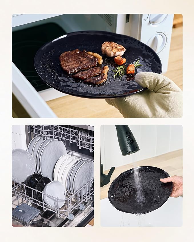 Famiware Porcelain kitchen plates and bowls set, Modern dishes set for 4, Handmade Wave Edge Dinnerware Sets, Microwave and Dishwasher Safe Tableware, Glossy-black (16pc)