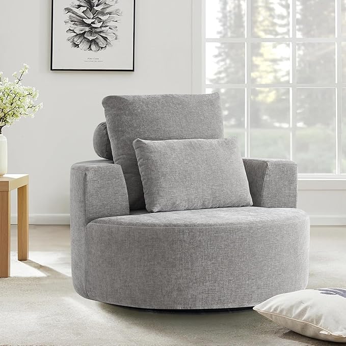 Furnimart Oversized Barrel Accent Chair, 360° Swivel Round Upholstered Sofa, Chenille High-Resilience Sponge, No Assembly Wide Seat for Living Room, Bedroom, Apartment(Gray)