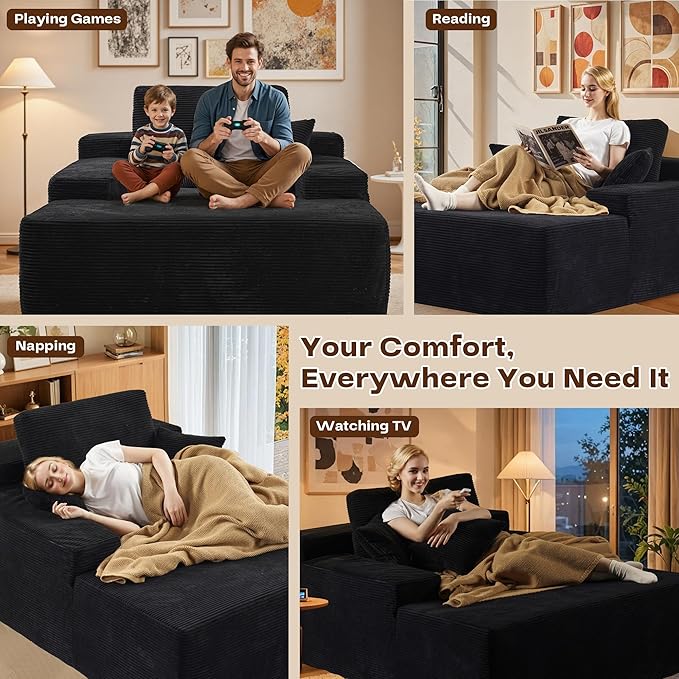 Chaise Lounge Chair Indoor, Oversized Sleeping Couch 67" L * 48.5" W Assembly Free Modern Minimalist Sofa, Extra Deep Large Single Seat Sofa for Living Room (Black Corduroy Fabric)