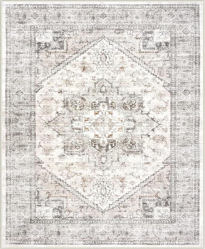 LIVEBOX Washable Area Rug 8x10 - Large Taupe Vintage Tribal Living Room Rug Oriental for Bedroom, Non-Slip Retro Medallion Carpet Print Distressed for Dining Room Guest Office