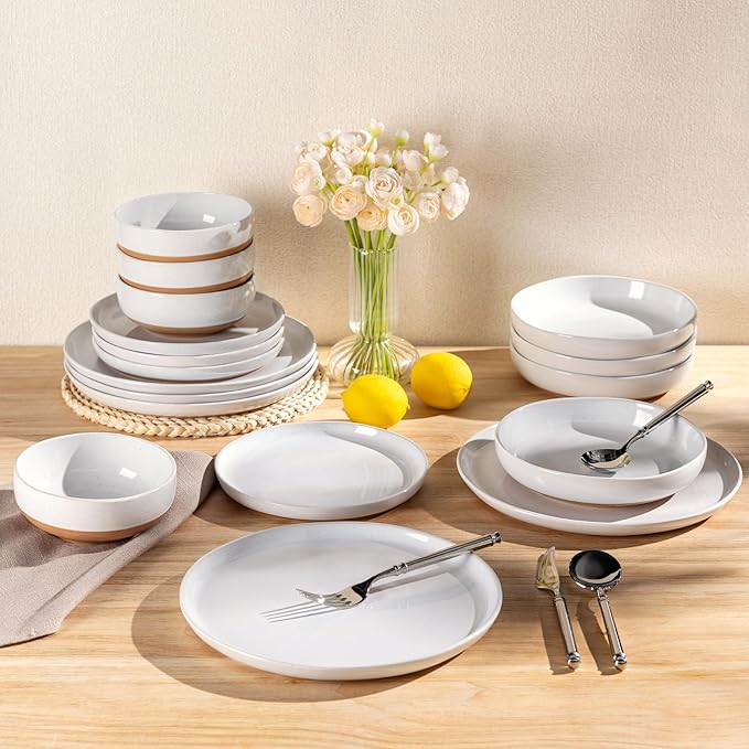 AmorArc 32 Pieces Ceramic Dinnerware Sets for 8, Handpainted Plates and Bowls Set with Rustic Terracotta Underside, Scratch Resistant Stoneware Dishes Set, Dishwasher & Microwave Safe, White