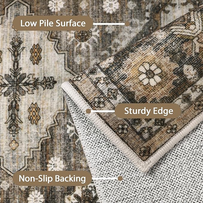 GENIMO 9x12 Area Rugs for Living Room, Machine Washable Low Pile Rugs, Non Slip Vintage Rug for Bedroom, Dining Room, Home Office, Kitchen, Distressed Deep Brown