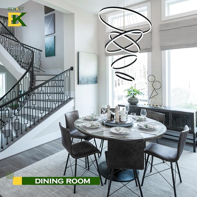 5 Rings D31.5 Modern LED Chandelier Black Large Dimmable Circular High Ceiling Chandeliers with Remote Control for Foyer Dining Room Living Room Staircase Villa, 3000K-6500K CCT