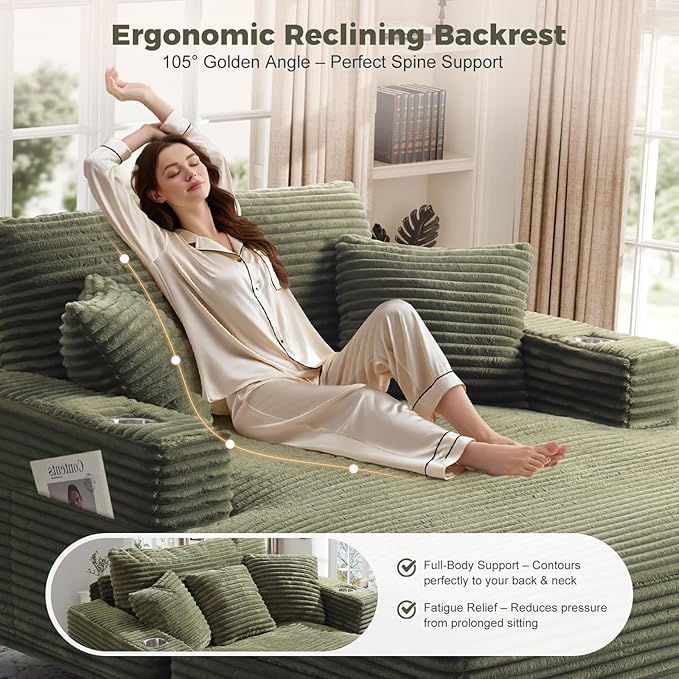 HUSFU 60'' Oversized Chaise Lounge Chair, Upholstered Sofa Bed, Sleeper Couch Reading Chairs with USB Port and Cup Holders,Comfy Cloud Sofas Couches for Living Room,Green