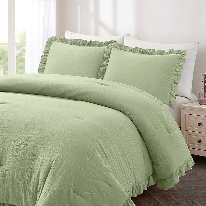 Bonlino Bedding Comforter Set King - 3 Pieces Farmhouse Comforter Ruffle Boho Bed Comforter, Fluffy Soft Lightweight Bedding Chic Rustic Country Style for Home Bedroom Dorm (King, Sage Green)