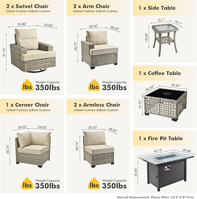 HOOOWOOO Outdoor Sectional Patio Furniture Set with Fire Pit Table,10 Pieces Wicker Conversation Sets L Shaped Couch,Extra Deep Out Door Sofa Outside Furniture with Swivel Chairs,Beige