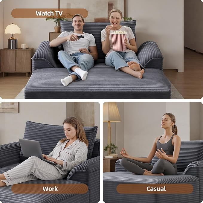 Claiks 68" Oversized Chaise Lounge Chair Indoor, Corduroy Upholstered Boneless Sofa Bed, Deep Seat Sleeper Couch with Pillows and Armrest, Cloud Sofas Reading Chair for Living Room, Dark Gray