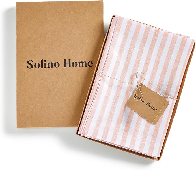 Solino Home Linen Cloth Napkins Set of 4-100% Pure Linen Coral and White Striped Dinner Napkins 20 x 20 Inch - Amalfi Stripe, Handcrafted and Machine Washable