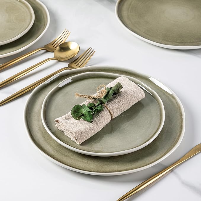 LERATIO Ceramic Dinnerware Sets for 6,Porcelain Plates and Bowls Sets with Wavy Edge,Microwave & Dishwasher & Oven Safe,Light Weight & Scratch Resistant Dishes Sets-Olive Green