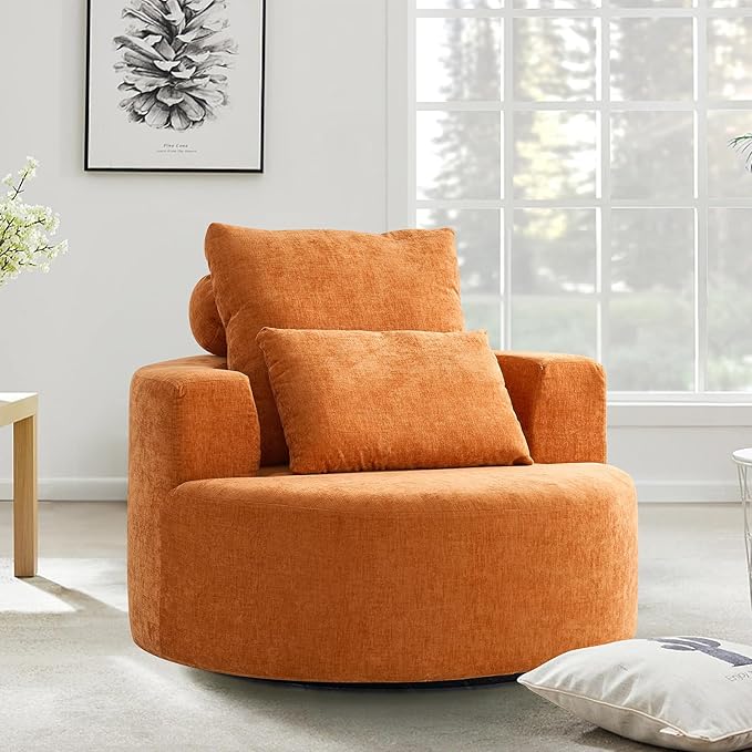 Furnimart Oversized Barrel Accent Chair, 360° Swivel Round Upholstered Sofa, Chenille High-Resilience Sponge, No Assembly Wide Seat for Living Room, Bedroom, Apartment (Orange)