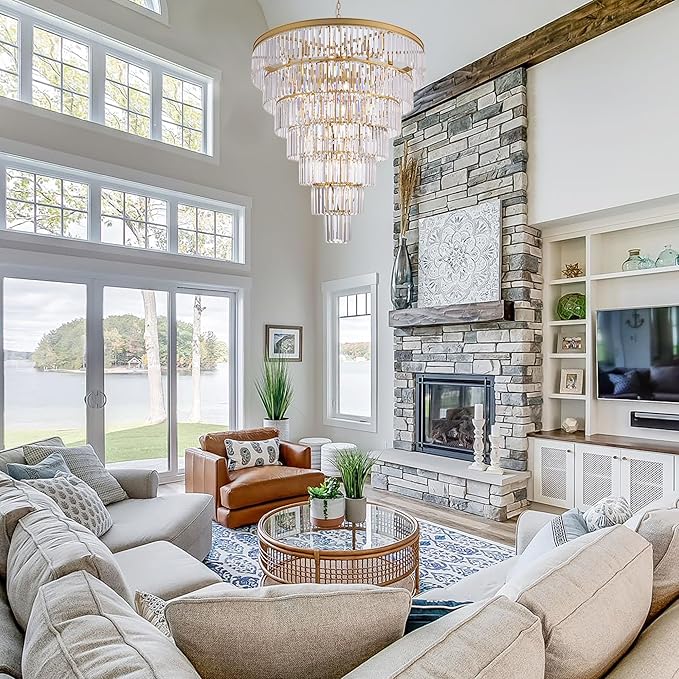 TOCHIC Large Crystal Chandelier for High Ceiling, 40-inch 7-Tier Modern Gold Crystal Chandeliers Lighting Fixture, Raindrop K9 Round Light for Entryway Staircase Foyer Living Bedroom Dining Room