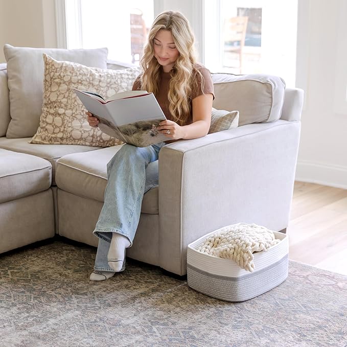 NaturalCozy Storage Baskets 16.8”x13”x7.6” Cotton Rope Woven Baskets for Organizing 3-Pack | Toy Storage Bins | Basket for Shelves, Laundry, Blanket, Clothes, Closet, Kitchen, Bathroom, Gifts
