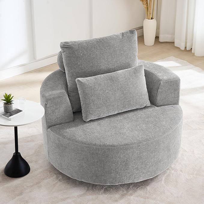 Furnimart 40" Oversized Barrel Accent Chair Set of 2, 360° Swivel Round Upholstered Sofa, Chenille High-Resilience Sponge, No Assembly, Wide Seat for Living Room, Bedroom, Apartment (Gray)