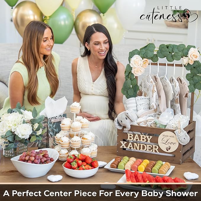 Wooden Baby Shower Crate Closet - Rustic Brown, Personalized Baby Gift Basket with Dual Rod System, Easy Assembly, 16"L x 11.8"W x 8"H