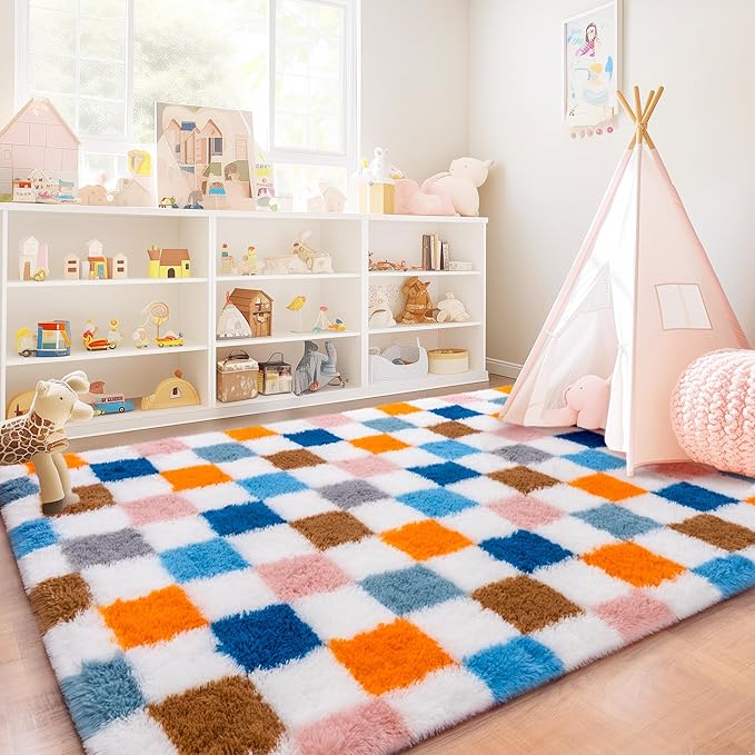 Checkered Rug for Living Room 6x9, Ultra Fluffy Fuzzy Shag Large Area Rug for Bedroom, Modern Plush Soft Upgrade Non-Slip Carpet for Kids Girls and Boys Room Dorm Home Decor, Colorful