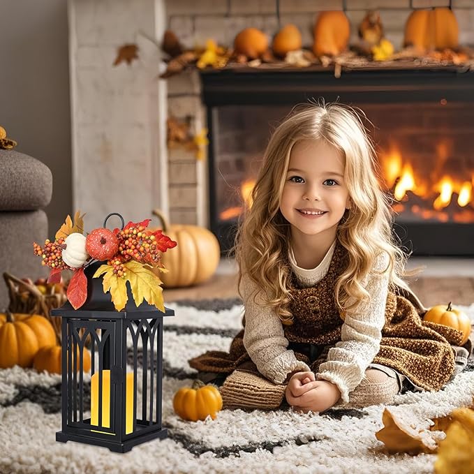Bdor 2 Pack Fall Lantern Decor with LED Candle – 15 Inch Harvest Pumpkin Maple Leaf Hanging Lantern for Autumn Thanksgiving Table Centerpiece Indoor Outdoor Decoration, Battery Operated