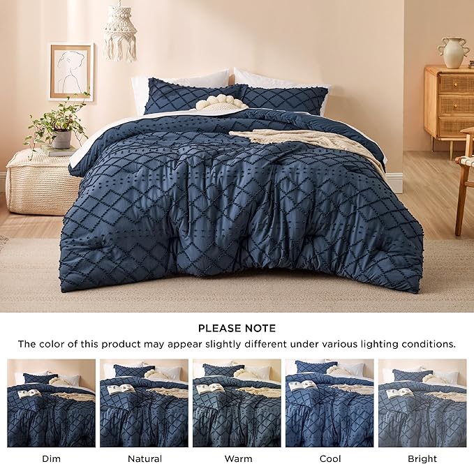 Bedsure Full Comforter Set - Navy Blue Comforter, Boho Tufted Shabby Chic Bedding for Kids, 3 Pieces Vintage Farmhouse Bed Set for All Seasons, Fluffy Soft Bedding with 2 Pillow Shams