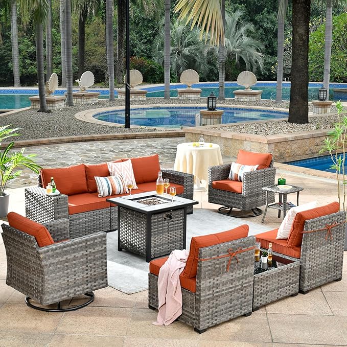 ovios 10 Pieces Patio Furniture Set, Outdoor Wicker Sectional Sofa with 30" Fire Pit Table Swivel Chairs, Modern Modular Deep Seat Rattan Couch Conversation Sets, Orange Red