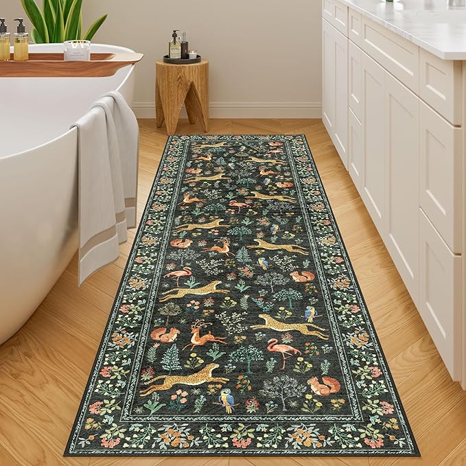 DUKINO 2x6 Rug for Hallway, Washable Kitchen Runner Rug with Non Slip Backing, Soft Low Pile Vintage Animal Runner for Bedroom, Kitchen, Hallway, Entryway, Laundry, Black