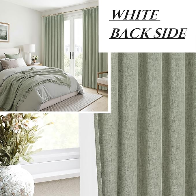 Sage Green Blackout Linen Curtains 96 Inches Long for Living Room Bedroom, Pinch Pleated Boho Light Drapes Viral Window Curtain with Pinch Pleat Clips Thermal Insulated (40"Wx96"Lx2Panels Sage)