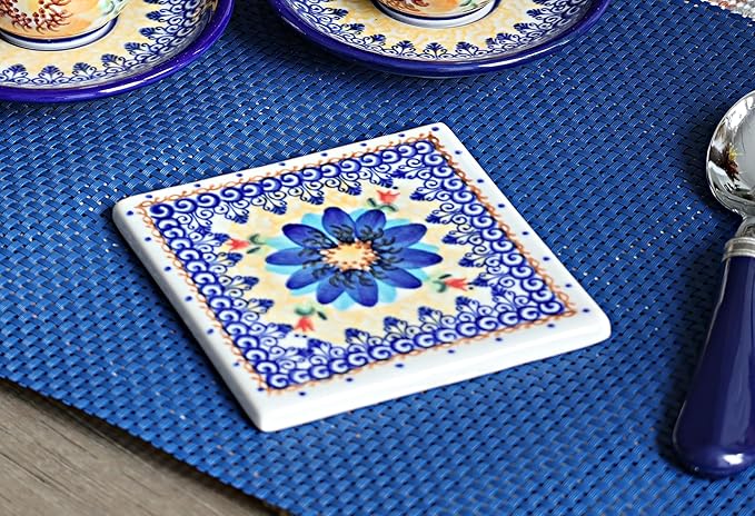Blue Rose Polish Pottery - Orange Autumn Burst Tile - 4.5" Square - Ceramic Decorative Tile for Kitchen Backsplash, Trivet or Wall Art