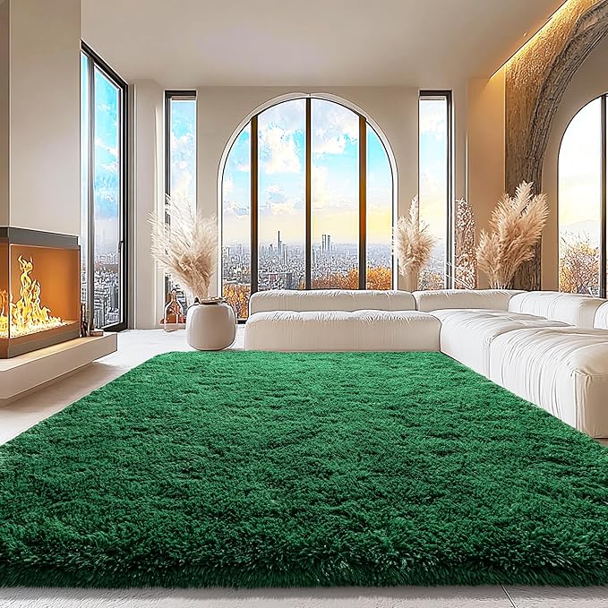 9x12 Area Rugs for Living Room, Green Fluffy Shaggy Rug Soft Carpets, Big Rugs for Bedroom Nursery Kids Room Dorm Home Decor Aesthetic, Dark Green