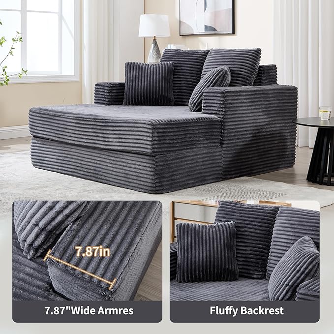 59" Chaise Lounge Chair Indoor - Oversized Comfy Corduroy Upholstered Sleeper Sofa with 4 Pillows & Armrests, Deep Seat Reading Chair Couch for Living Room, No Assembly Required - Dark Gray