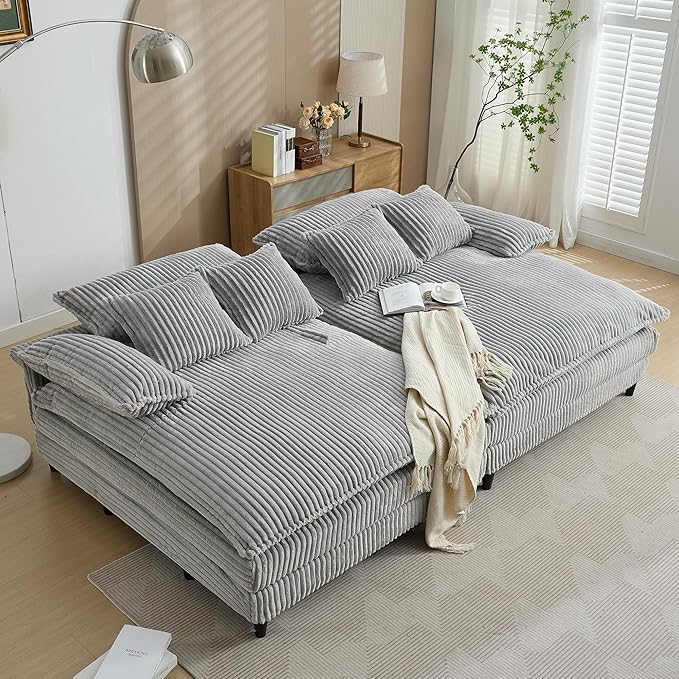 110" W Oversized Double Chaise Lounge Sofa Couch, Corduroy Sleeper Sofa Bed with Adjustable Backrest, Modern Upholstered Cloud Couch with Deep Seat & Pillows for Living Room, Grey