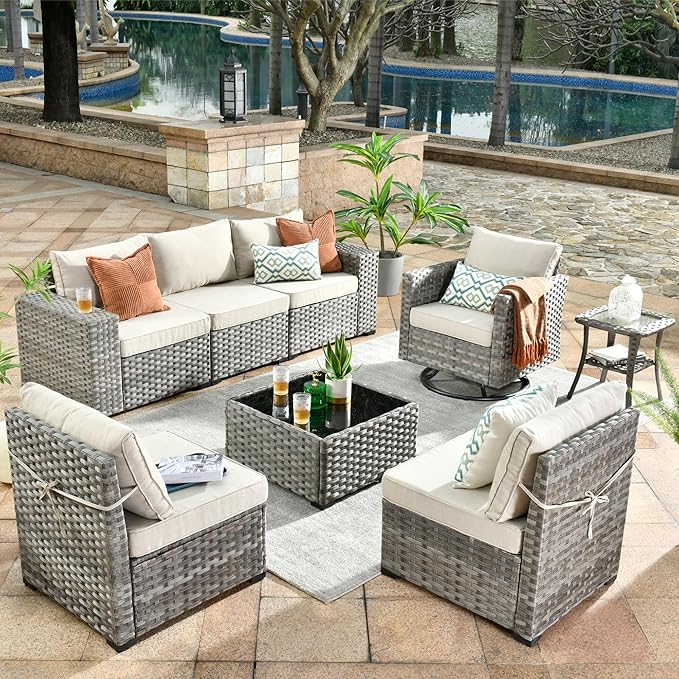 ovios 8 Pieces Patio Furniture Set, Outdoor Wicker Sectional Sofa with Swivel Chair Coffee Table, Modern Modular Deep Seat Rattan Couch Conversation Sets, Beige