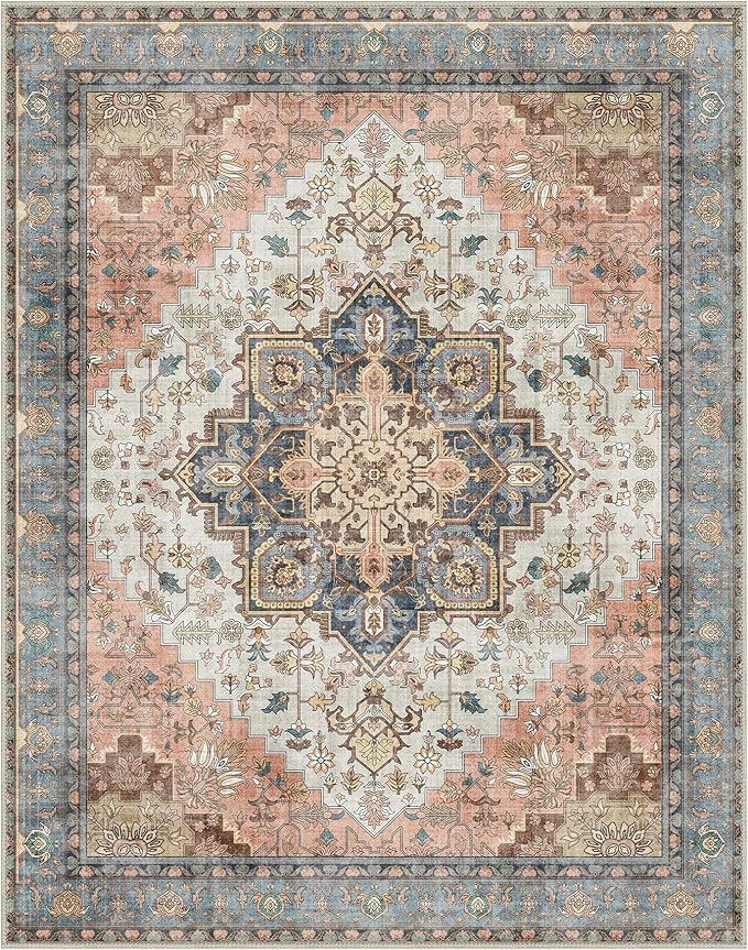 GENIMO 5x8 Area Rugs for Living Room, Machine Washable Low Pile Rugs, Chenille Non Alip Vintage Rug for Bedroom, Dining Room, Home Office, Blue Brick Red