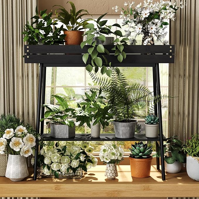BAMBANG Bamboo Plant Stand Indoor, 2 Tier Small Plant Table, Tall Plant Stand for Indoor Plants, Window Sill Plant Shelf, Flower Pot Holder Plant Bench Plant Rack for Living Room Outdoor, Black