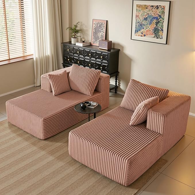 82" Oversized Chaise Lounge Chair, Corduroy Upholstered Sleeper Sofa with 4 Throw Pillows and Wide Armrest for Living Room, No Assembly Required Loveseat Couch, Pink