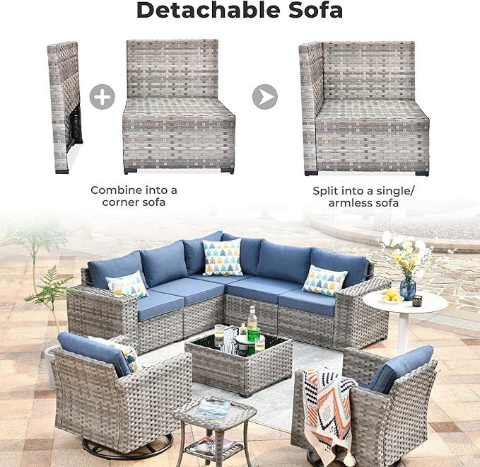 ovios 9 Pieces Patio Furniture Set, Outdoor Wicker Sectional Sofa with 2 Swivel Chairs Coffee Table, Modern Modular Deep Seat Rattan Couch Conversation Sets, Denim Blue