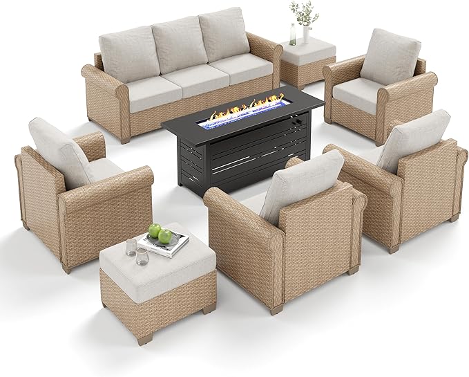 Patio Furniture Set 8 pcs, Wicker Outdoor Patio Furniture, 3-Seat Sofa, 4 Single Chairs, 2 Ottomans and 56" Gas Fire Pit Table, Rattan Patio Conversation Set for Backyard Deck, Beige