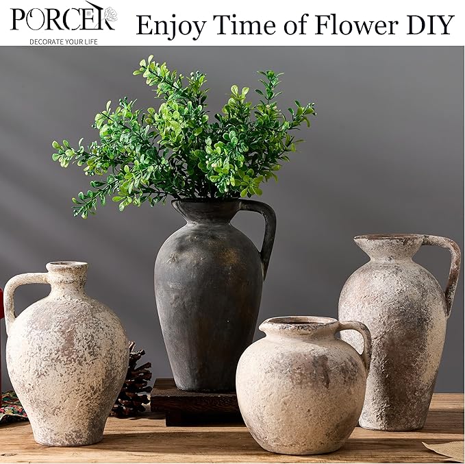 Antique Rustic Ceramic Vase, 9.3 Inch Tall Large Terracotta Vase with Handle, Vintage Farmhouse Pottery Vase for Home Decor, Living Room, Entryway, Wedding, Thanksgiving - Black Bronze