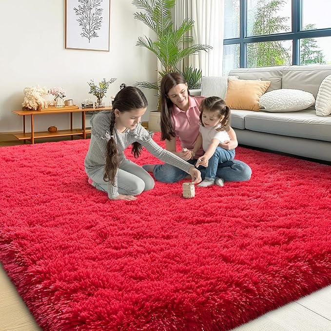 6x9 Area Rugs for Living Room, Red Fluffy Shaggy Rug Soft Carpets, Rugs for Bedroom Nursery Kids Room Dorm Home Decor Aesthetic