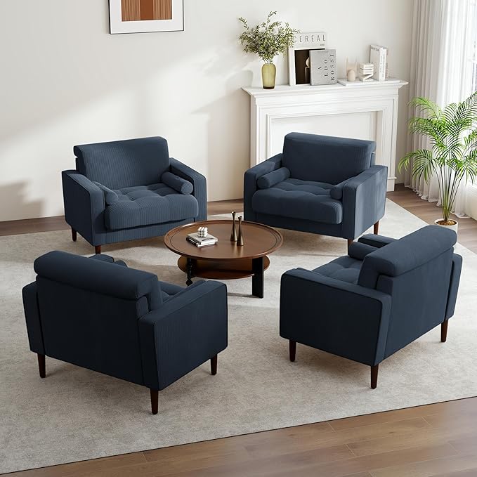UIXE Accent Chair, Corduroy Upholstered Arm Chairs for Living Room, Comfy Armchair Mid-Century Track Armrest Single Sofa Bedroom Reading Seat with 2 Bolster Pillows - Navy Blue, Set of 2