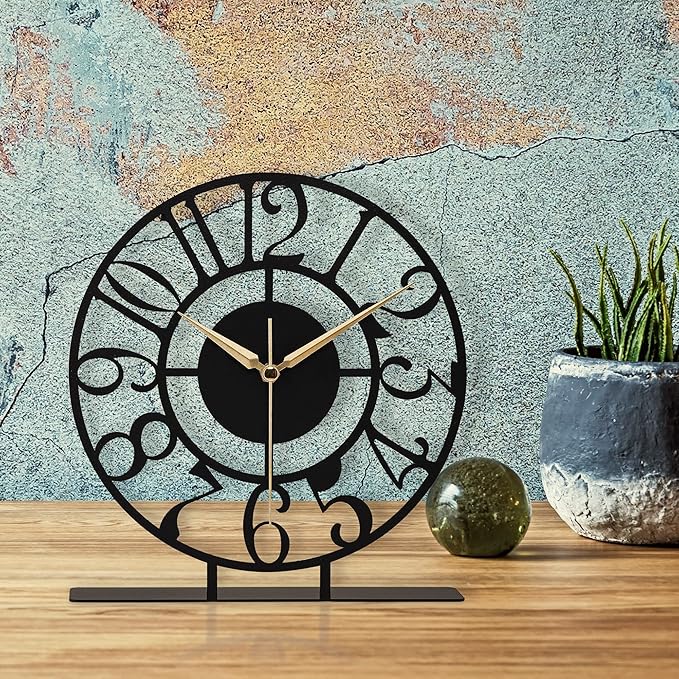 8.9x9.5 Metal Desk Clock, Black Round Silent Non-Ticking Analog Table Clock, Battery Operated, Decorative Desk and Shelf Clock, Desk Clocks for Living Room Bedroom Kitchen Office School