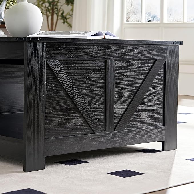 Farmhouse Coffee Table for Living Room, Wood Square Coffee Tables, 31.5" W x 31.5" D, Black