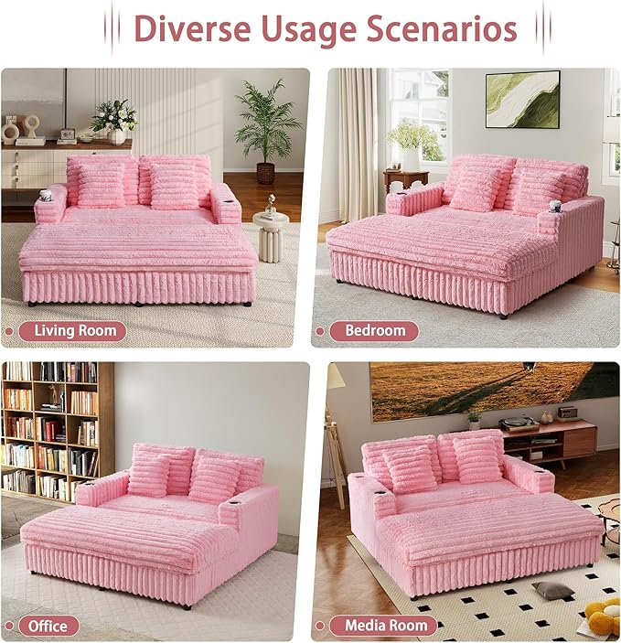 RARZOE 64'' Oversized Chaise Lounge Chair Indoor, Plush Faux Rabbit Fur Sleeper Sofa Bed with 4 Pillows, Charging Station & Cup Holders, Fluffy Comfy Cloud Couch Loveseat Sofa for Living Room,Pink