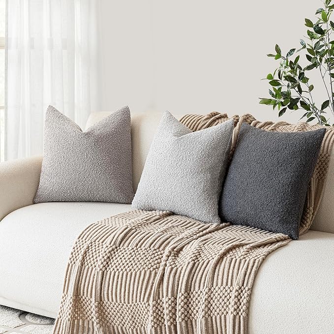 Foindtower Set of 2, Decorative Textured Boucle Throw Pillow Covers Accent Solid Pillow Cases Soft Cozy Couch Cushion Case for Chair Sofa Bedroom Living Room Home Decor 16 x 16 Inch Neutral Grey